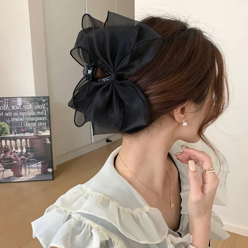 Mesh Lace Hair Claws for Women Korean Fashion Hair Clips Girls Bowknot Black Barrettes Crab Claw Clip Hairpins Hair Accessories