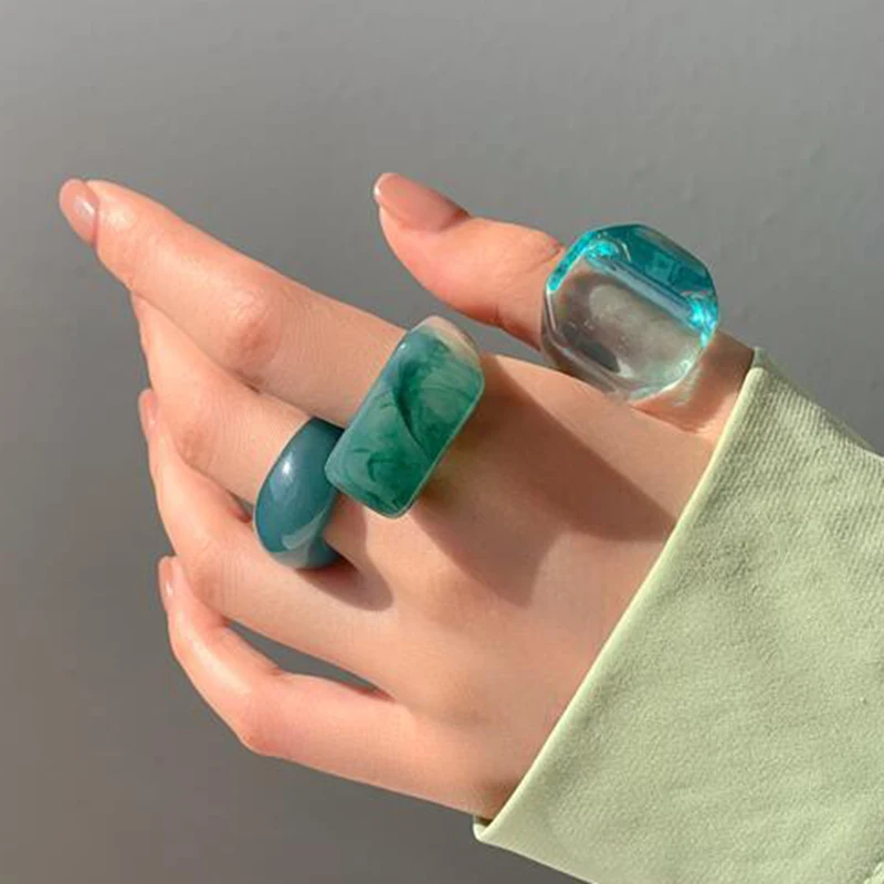 Plastic Rings for Women Fashion Jewelry Sets of 3pcs Multi Pack Blue Acrylic Statement Finger Ring Stacable Resin Midi Rings New