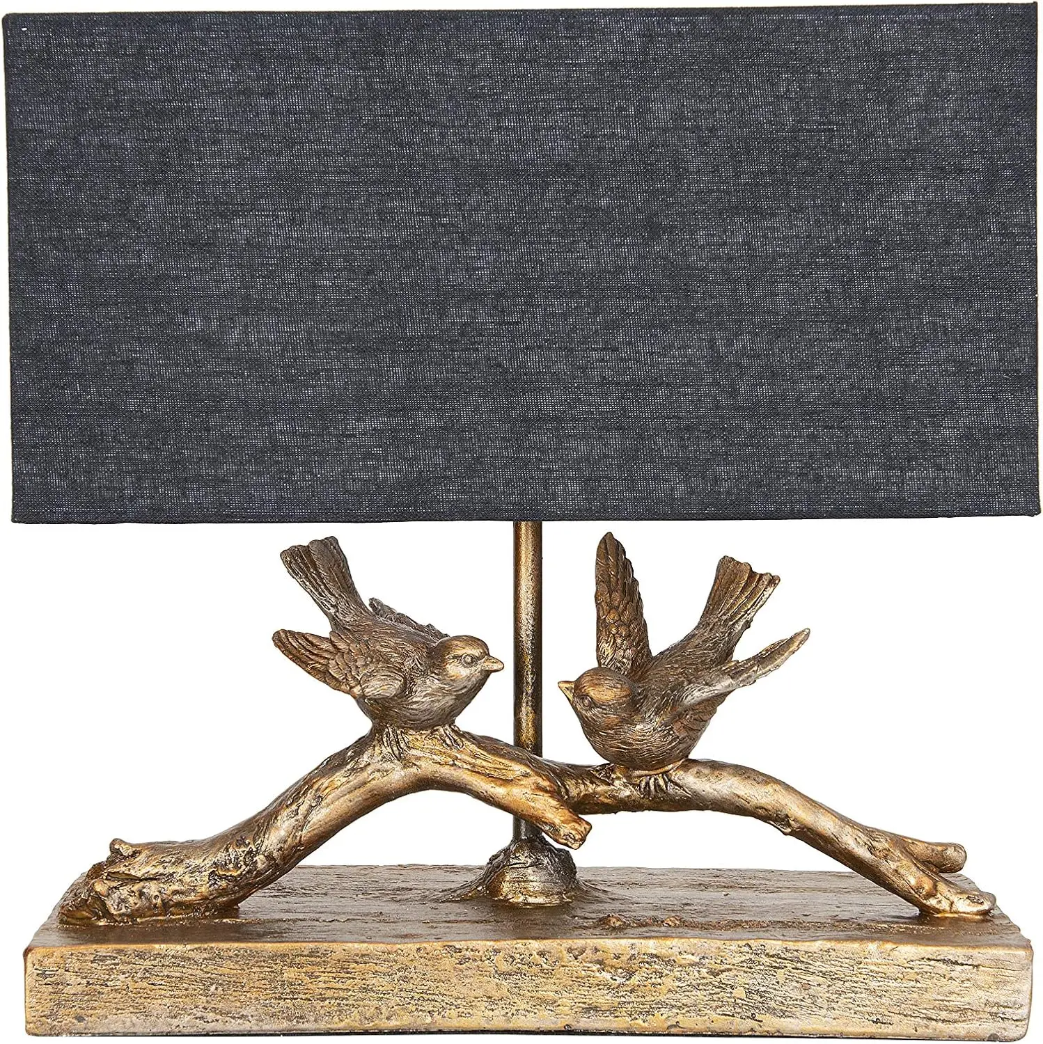 

Rustic Resin Bird Table Lamp With Black Rectangle Shade, Gold Finish
