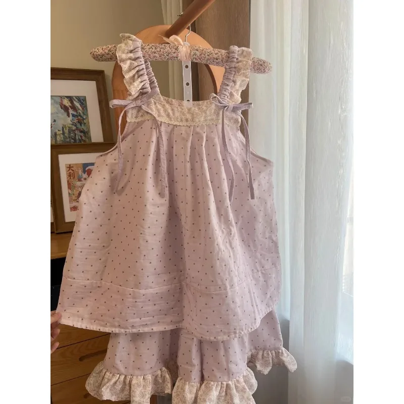 New Student Girl Summer Lace Polka Dot Casual Pajamas Women Cami Shorts Homewear Women Casual Loungewear Set Loose Lady Pajamas