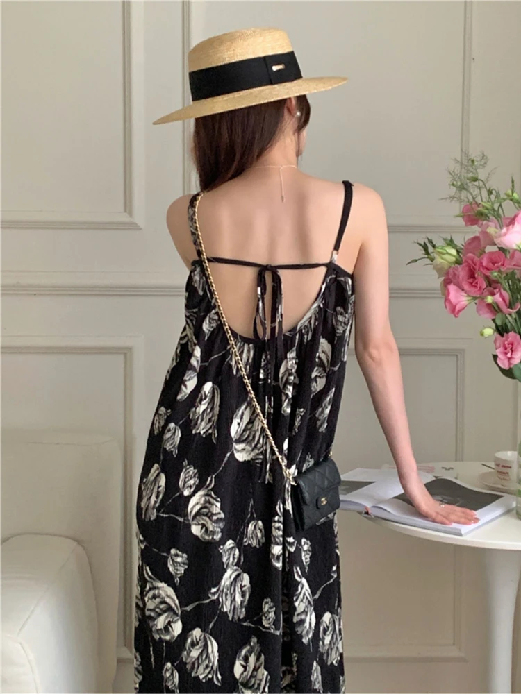 Summer Sexy Sleeveless pleated floral print Long maxi  Dress Women Elegant Boho Spaghetti Straps Rose print Party Dress 3XL 4XL