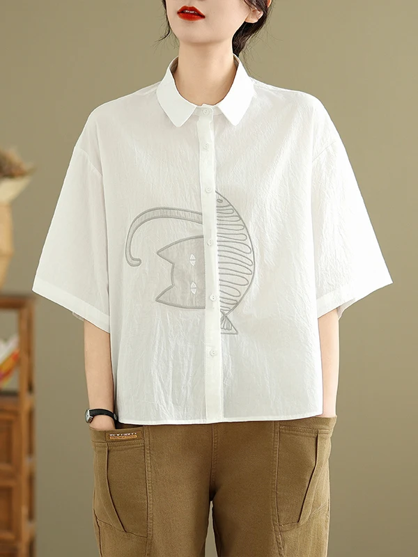 

Summer Women's Retro Casual Large Size Embroidered Pure Cotton Short Sleeve Shirt Slimming Loose Fit Versatile Top