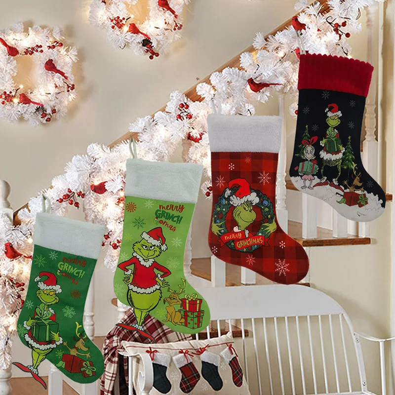 Christmas Socks Green Grinch Monster Christmas Gift Bag Christmas Tree Decoration Children's Christmas Gifts Socks Candy Bags