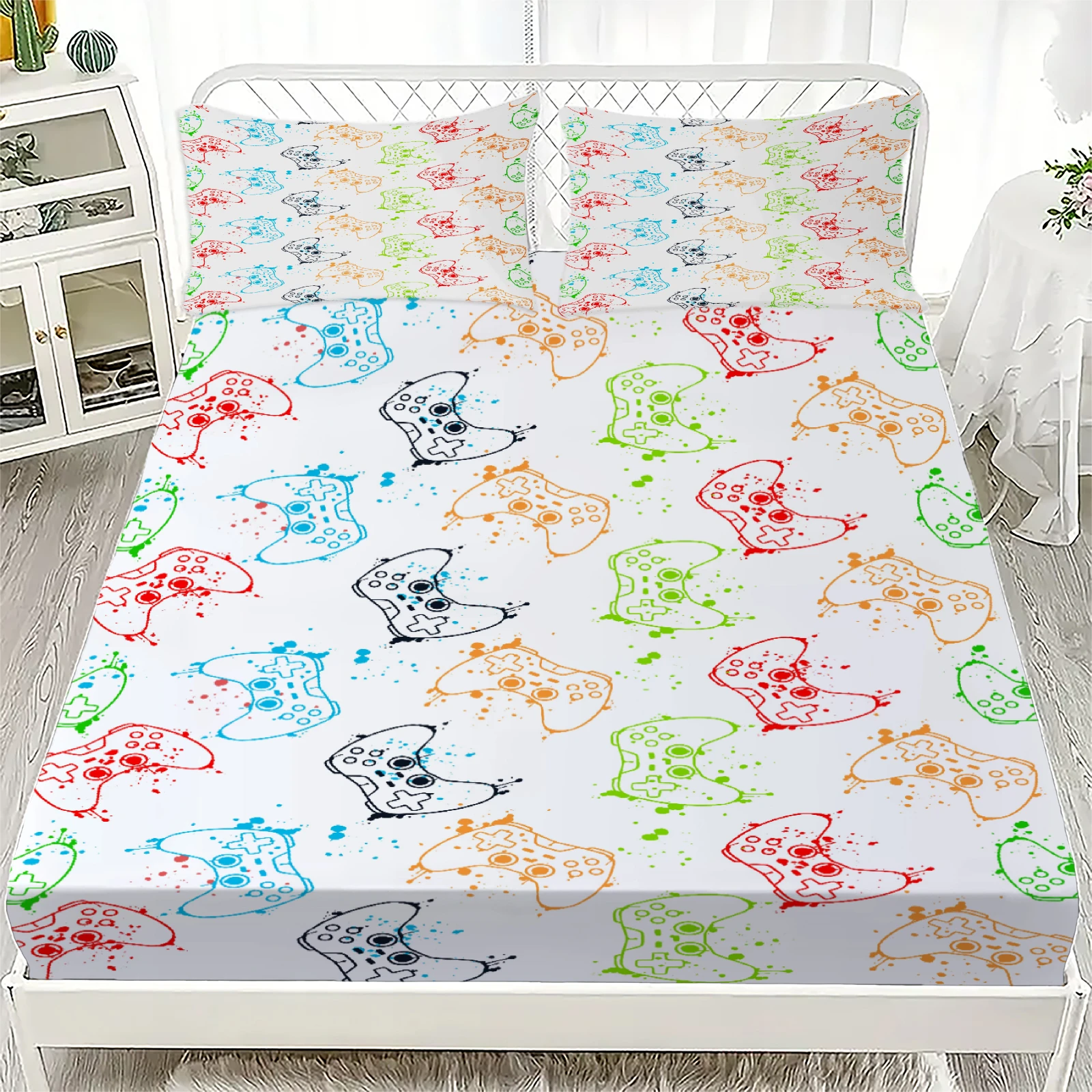3PCS Colorful Splatter Gaming Controller And White Background Fitted Sheet Set Vibrant Gaming Bed with Pillowcases Queen Size