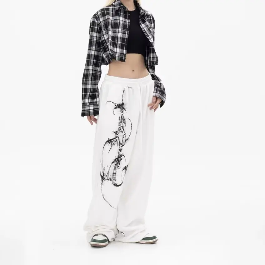 Sweatpants Y2K Women Gothic Hip Hop Printing Drawstring Fitness Pants Retro Baggy Harajuku Elastic Waist Jogging Casual Pants