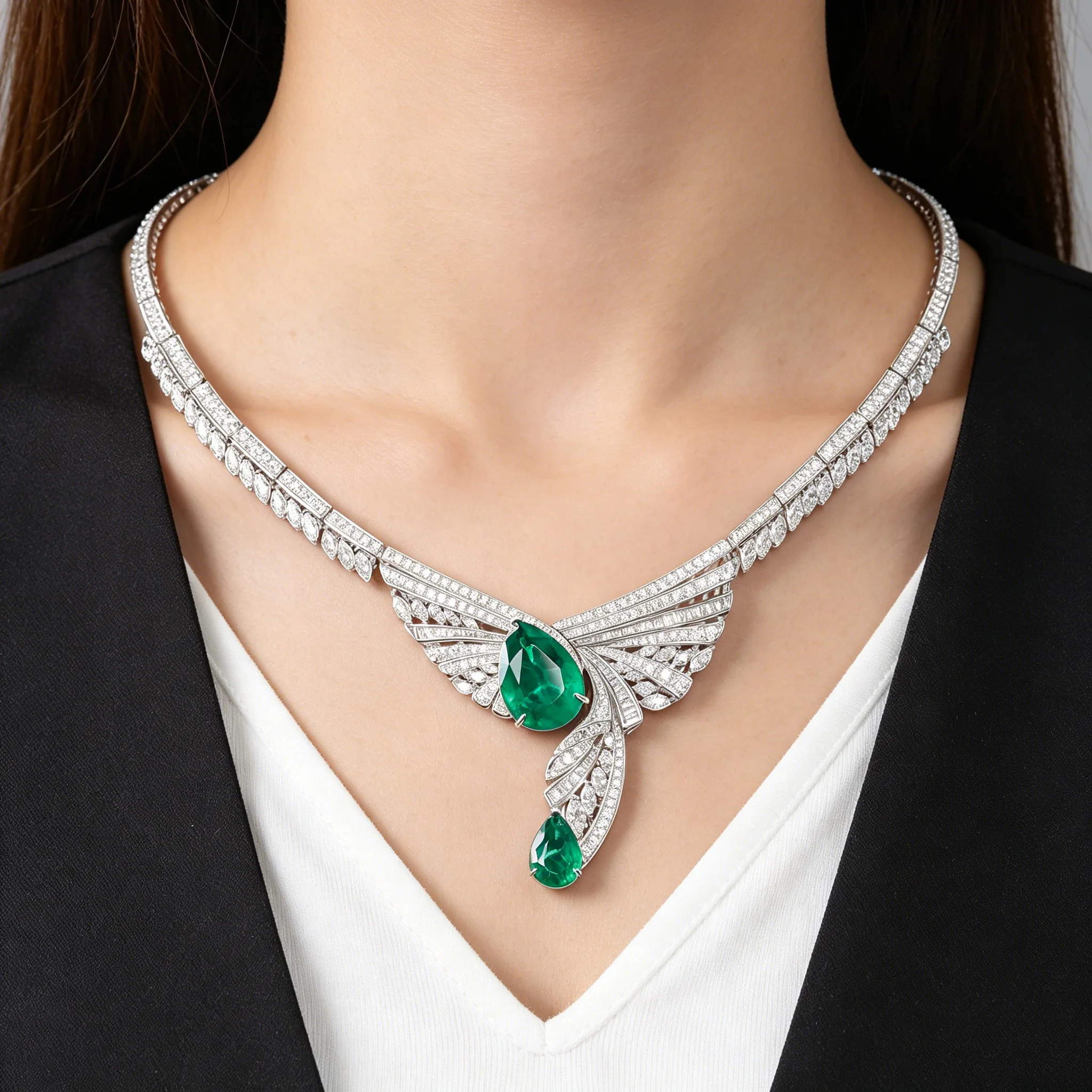 Art Deco Statement Necklace 13ct Pear Artificial Emerald 925 Sterling Silver Rhodium Plated Fine Jewelry for Women Evening Wear
