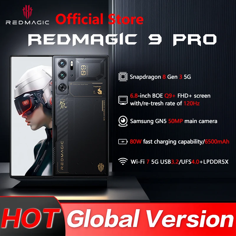 Телефон Глобальная версия RedMagic 9 Pro, 6,8 дюйма, Q9 + Full Flat FHD +, игровой телефон Snapdragon 8 Gen 3, 6500 мАч, 80 Вт, зарядное устройство, 50 МП