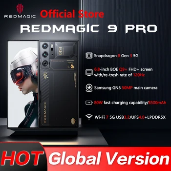 글로벌 버전 RedMagic 9 Pro 5G 휴대폰, 6.8 인치 Q9 + Full Flat FHD + 게임용 휴대폰, Snapdragon 8 Gen 3 6500mAh 80W 충전, 50MP NFC 