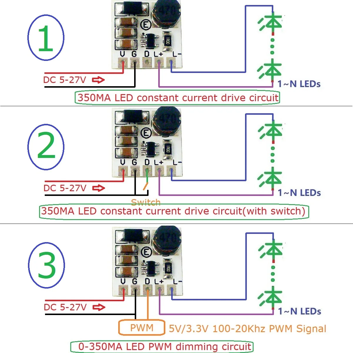 mini DC 5-27V 350mA Step-down HB LED Driver Module Adjustable PWM Controller DC-DC Buck Constant Current Converter