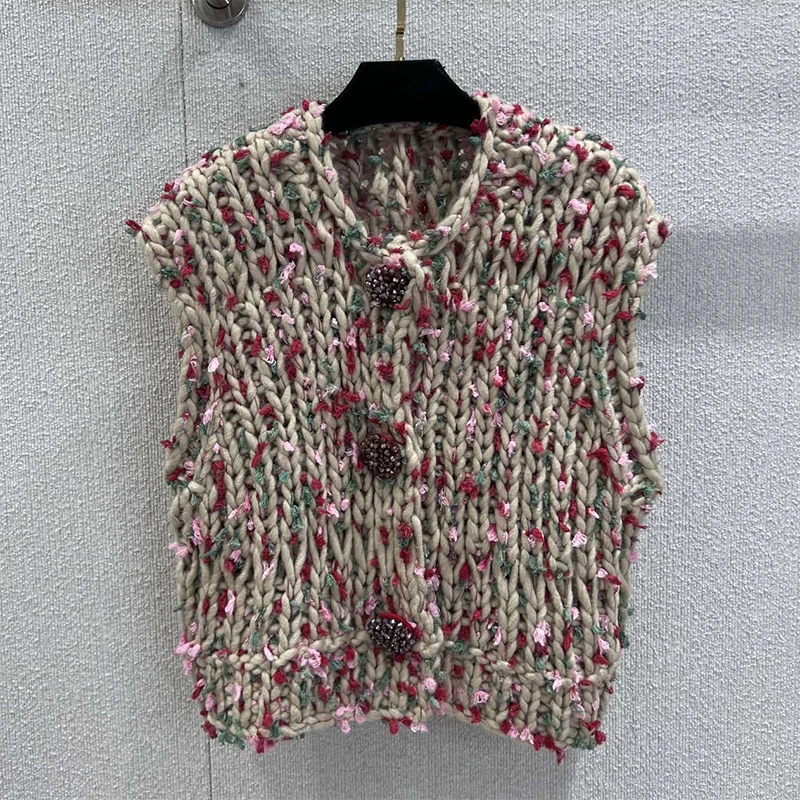 

Высококачественный винтажный твидовый вязаный женский свитер с тремя пуговицами, жилет, кардиган, универсальный модный 25101371