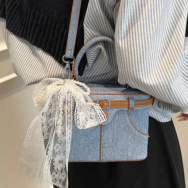 

Lace Bead Design Retro Denim Handheld Box Bag Women's New Korean Versatile Commuter Single Shoulder Crossbody Bag