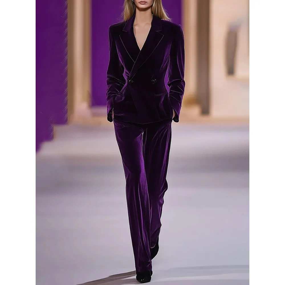 

Women’s Purple Velvet Blazer Pants Set | Double-Breasted Design with Wide-Leg Trousers, Perfect for Cocktail & Business Wear