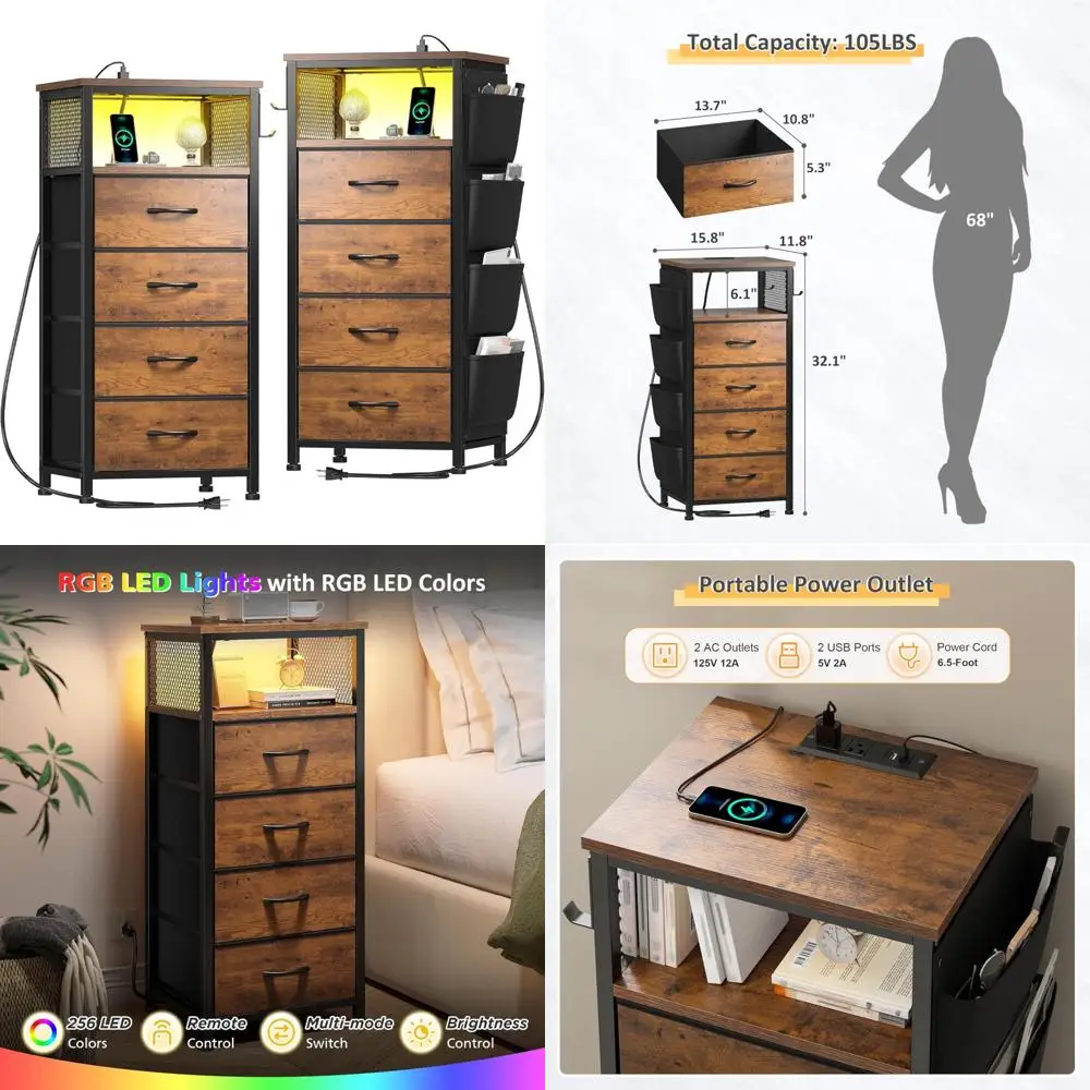 Pair of Modern Nightstands with Charging Dock, LED Light, Fabric Drawers, and Storage Shelf