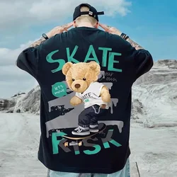 Skate Bear Printed Oversized T-shirt For Men Summer Hip Hop Short Sleeve Graphic T Shirt Couples O-Neck Y2K Streetwear Tee Shirt