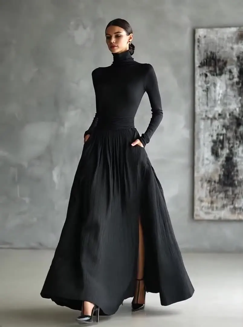 Elegante gola alta pulôver & saia longa conjunto feminino casual manga longa bolso saia sólida roupas moda drapeado magro 2pc ternos