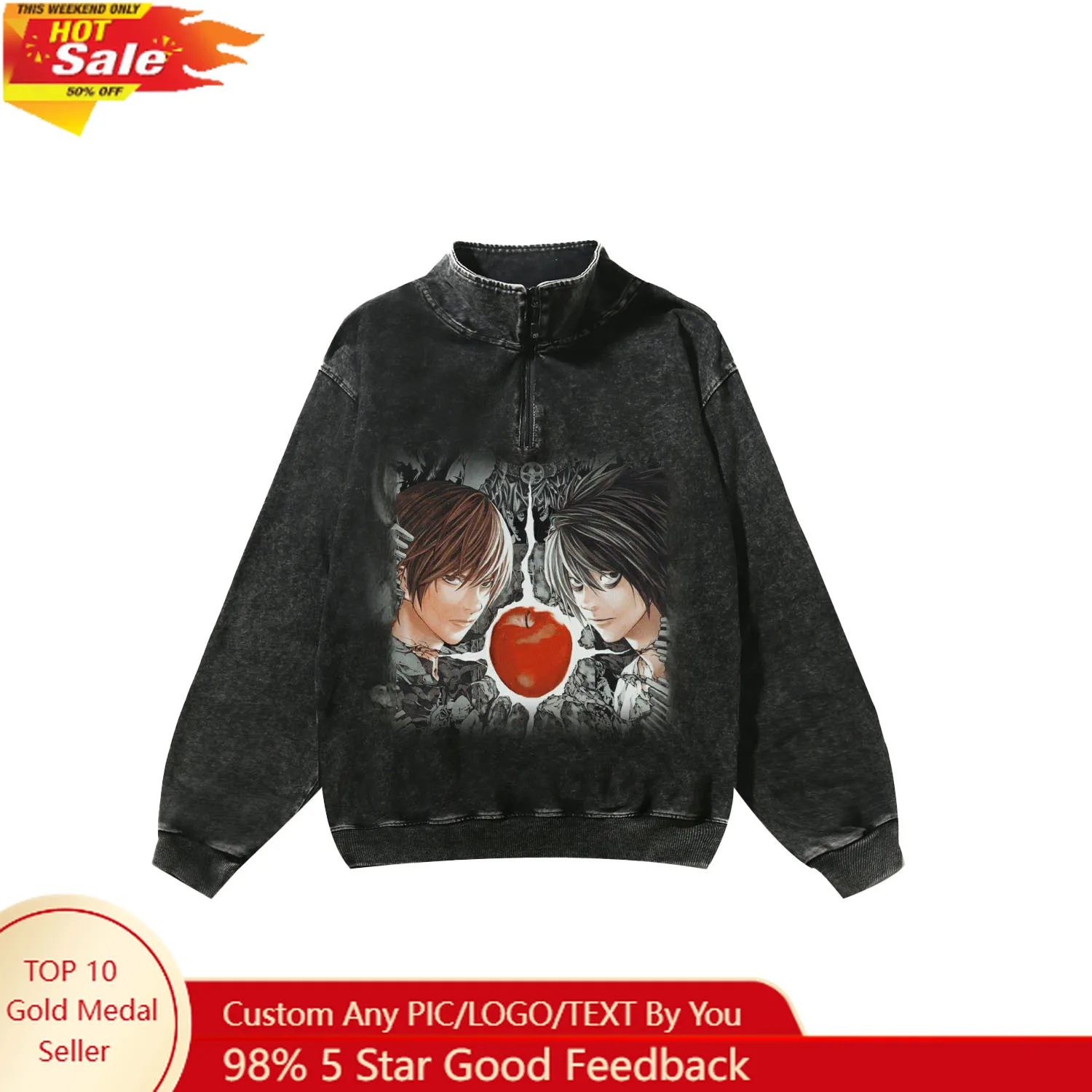

Anime DEATH NOTE Custom Retro Sweatshirt Mans Womans Half Zipper Vintage Sweat Shirt Photo Custom Made Tops Long Sleeved Tshirt