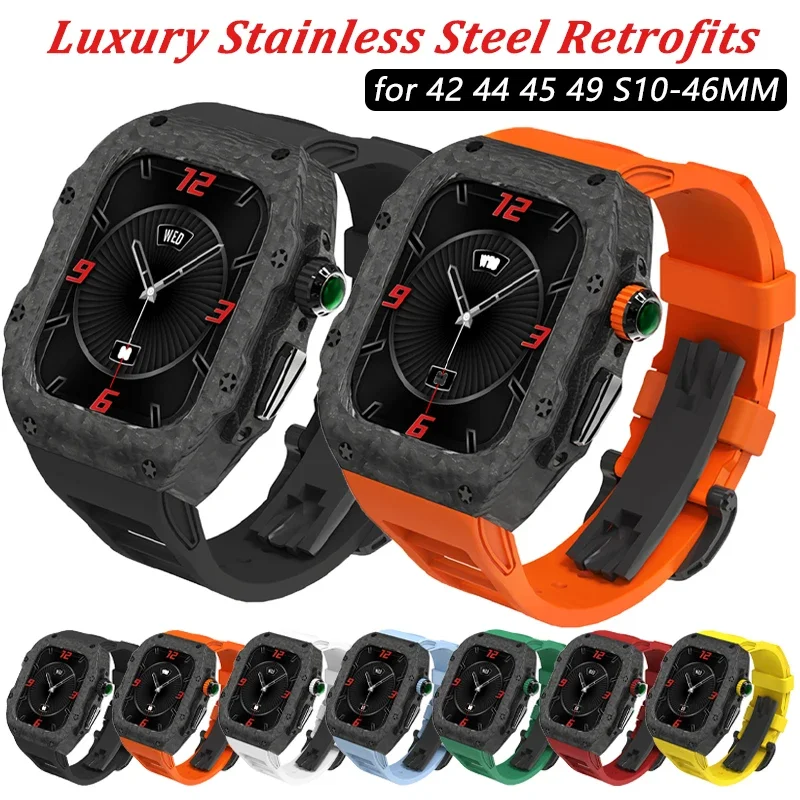 

Luxury Carbon Fiber Modification Kit for Apple Watch Ultra 2 49mm Stainless Steel Case for IWatch 10 9 8 7 46mm 45 44 Sport Band