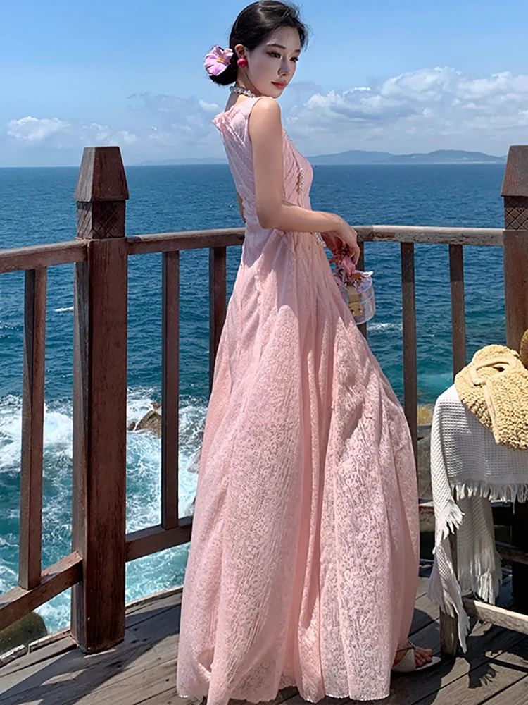 2025 Nuovo pizzo rosa jacquard chic fionda abito lungo sexy estate Boho elegante casual Holiady vestito da donna coreano aderente vestito da partito
