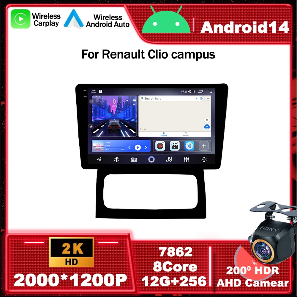 Android 14 For Renault Clio 2 BB CB 2001 - 2012 Car Radio Multimedia Video Player Navigation GPS 4G Head Unit Wireless Carplay