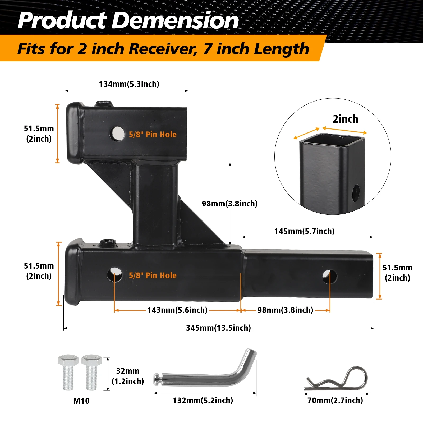 Dual Hitch Receiver with 7-1/2 inch Rise/Drop, Receiver Hitch Extension with Hitch Pin & Clip, Fits 2 inch Hitch Receiver