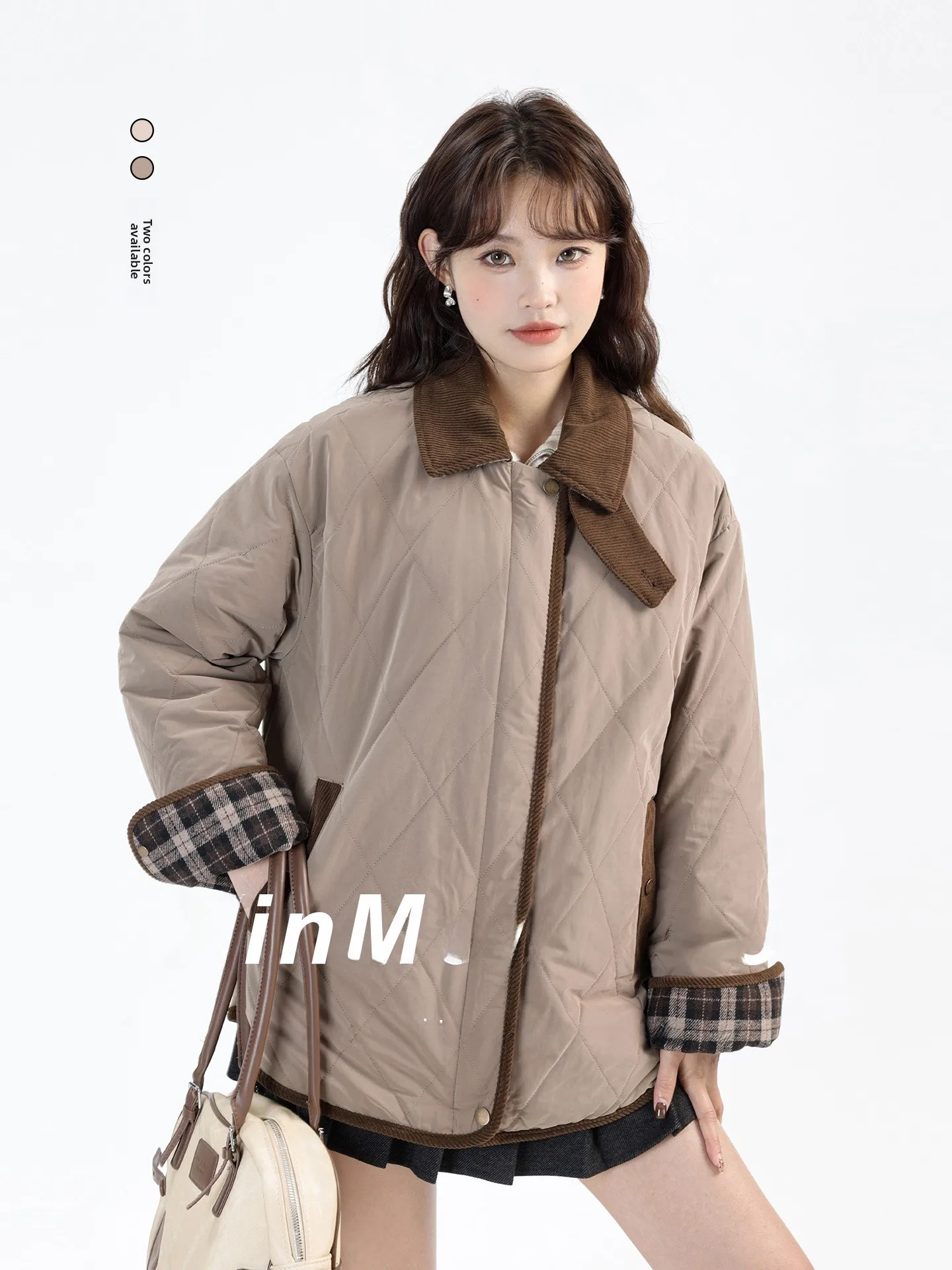 

Корейская женская теплая парка с флисовой подкладкой, стеганая, с ромбовидным узором, длинное пальто с отложным воротником, верхняя одежда