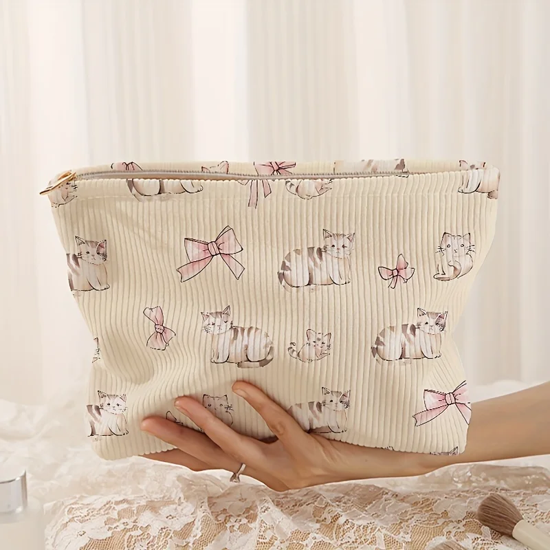 Cat Bow Pattern Printed Corduroy Makeup Bag Lightweight Cosmetic Organizer with Inner Lining, Multi-Functional Travel Toiletry