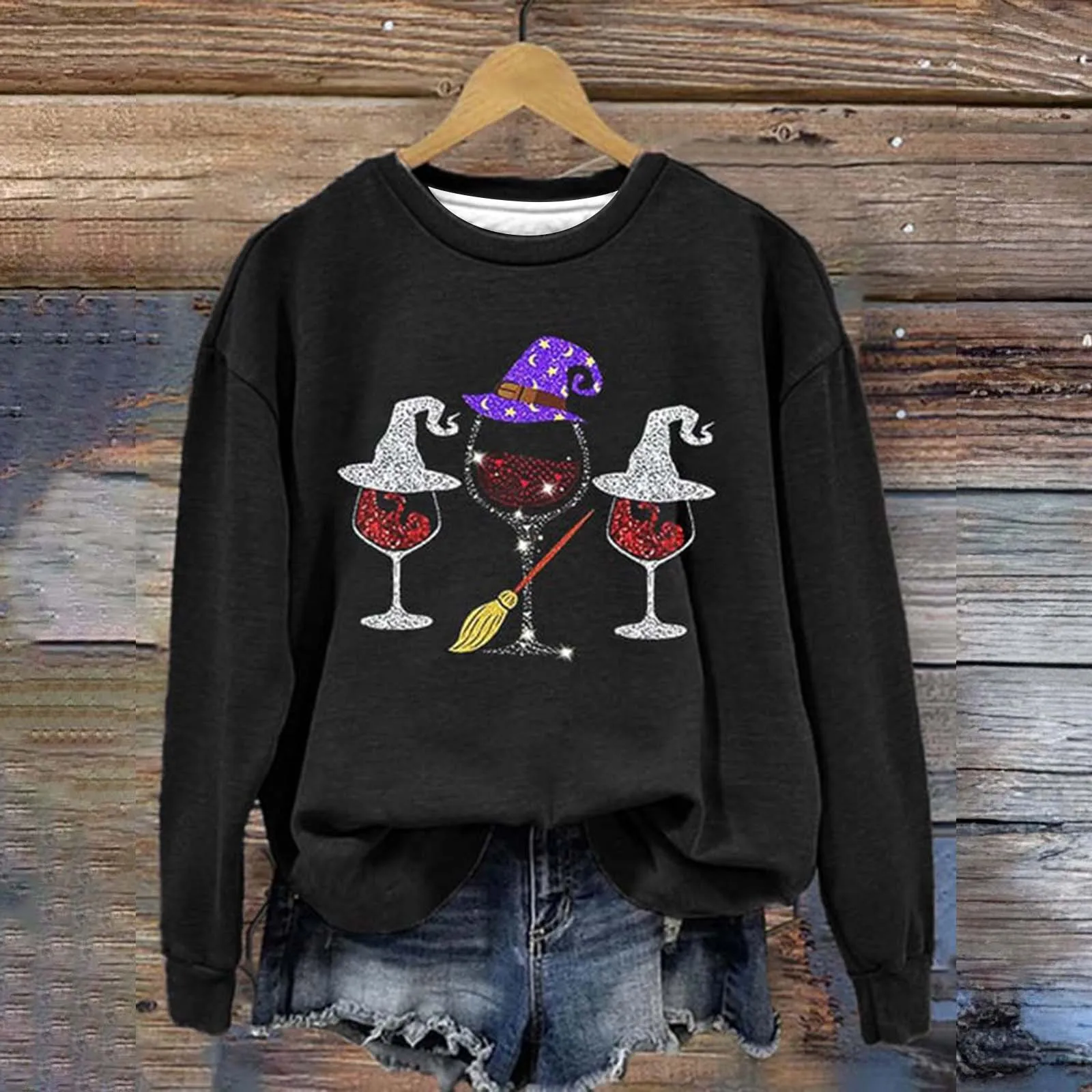 Autumn Women'S Fashionable Casual Loose Halloween Wine Glass Magic Hat Printed Round Neck Long Sleeve Top Sweatshirt