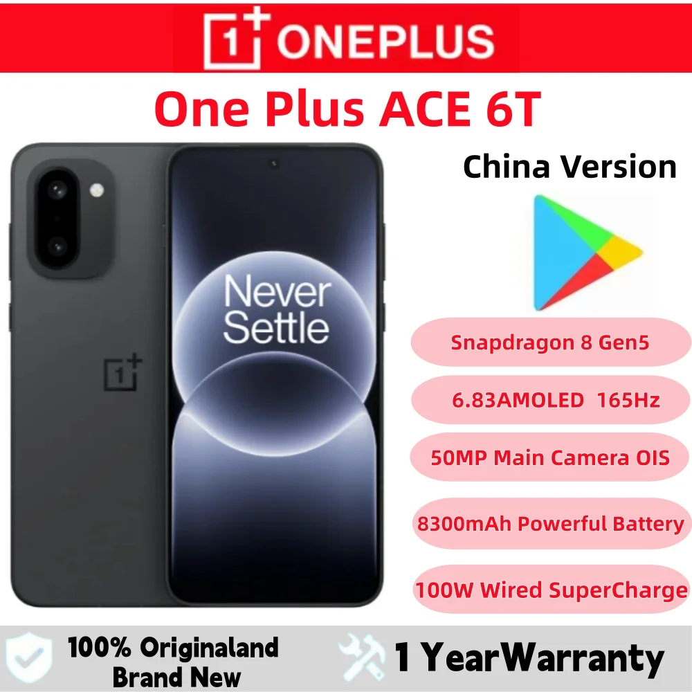OnePlus Ace6T 5G Unlocked China Version 6.83 inch AMOLED 165HZ Snapdragon8 Gen5 8300mAh SuperVOOC100W Charge 50MP Google Play