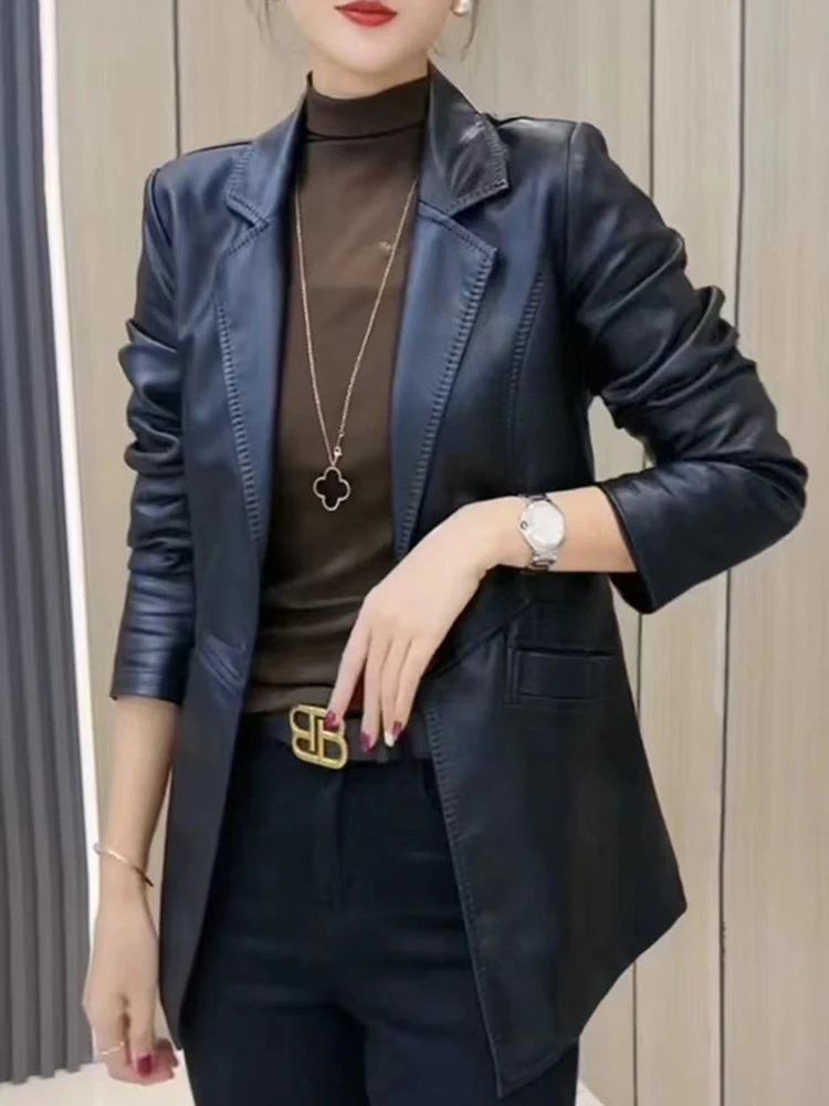 ファッショナブルな韓国風レディーススーツジャケットカジュアル多用途レザーコート秋冬デザイントレンディなロングスリーブスリムフィット