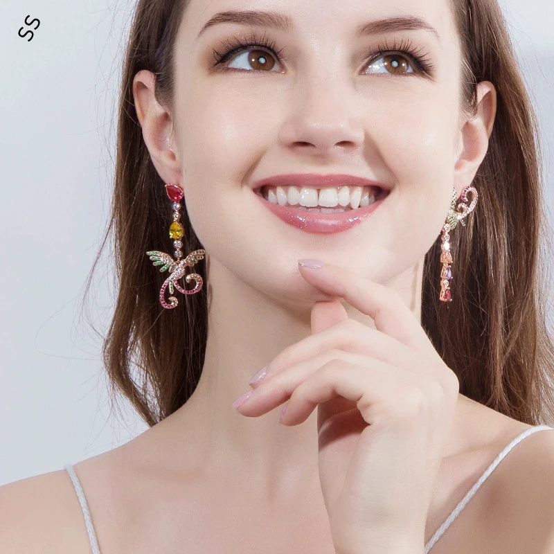 

Ethnic Style Long Phoenix S925 Needle Pin Earrings Colorful Zircon Ear-pendant Animal Element Accessories for Garment Decoration