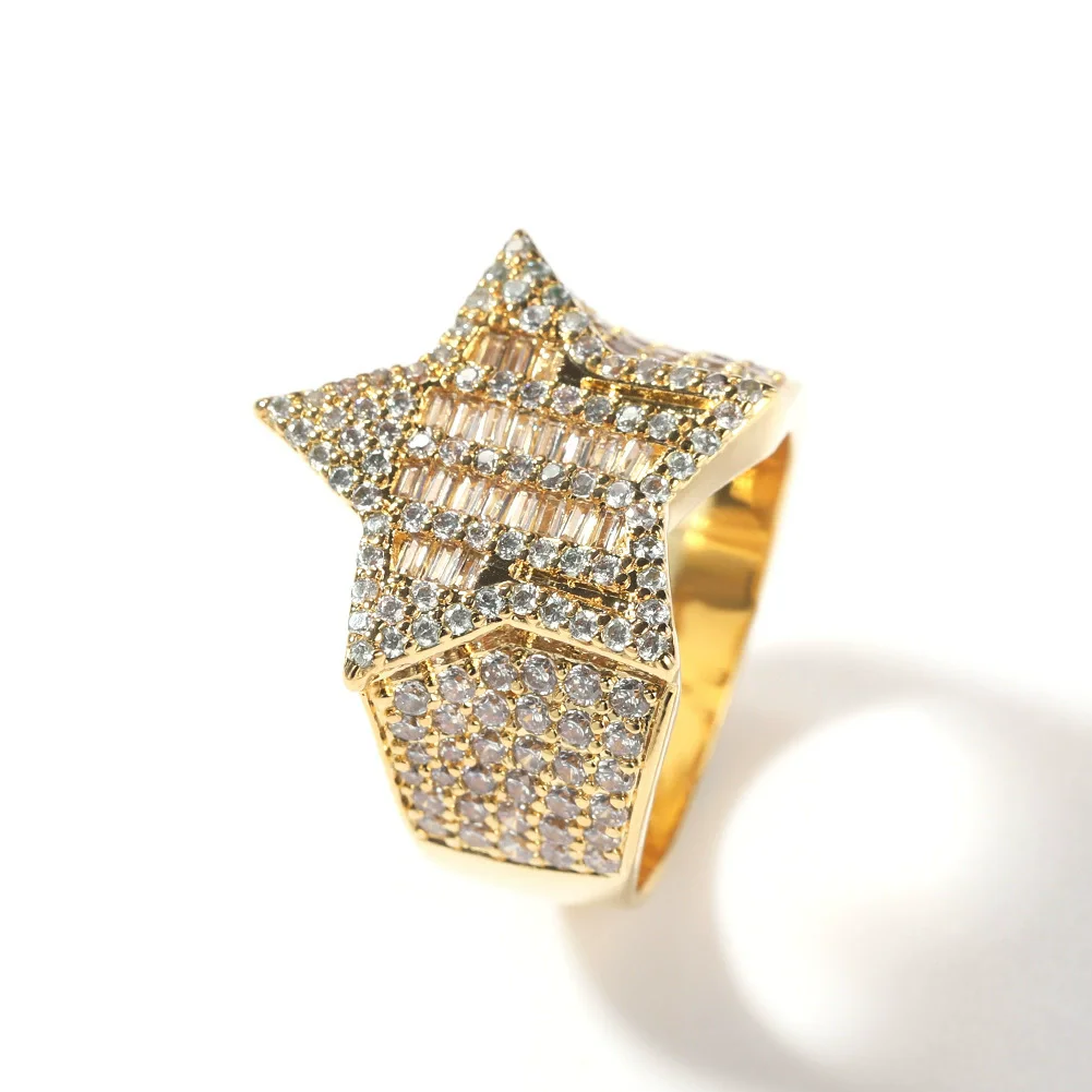 

Men's ring plated with 18k gold crystal zircon pentagram hip-hop rock fashion jewelry versatile accessory