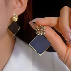 Retro Double Layer Rhombus Drop Earrings for Earrings Round Metal Weaving Lattice Dangle Earrings Party Elegant Black Jewelry