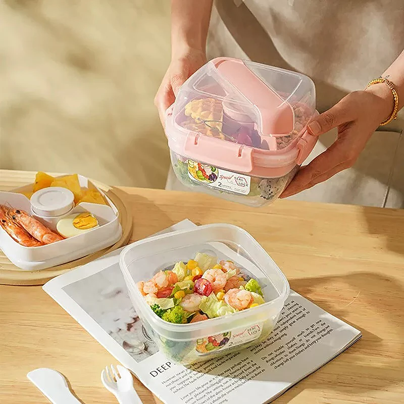 2 Layer Salad Bowls With Knife Fork 1300/1600 Ml Lunch Box Sealed Leakproof Bento Boxes Reusable Picnic Box Food Container