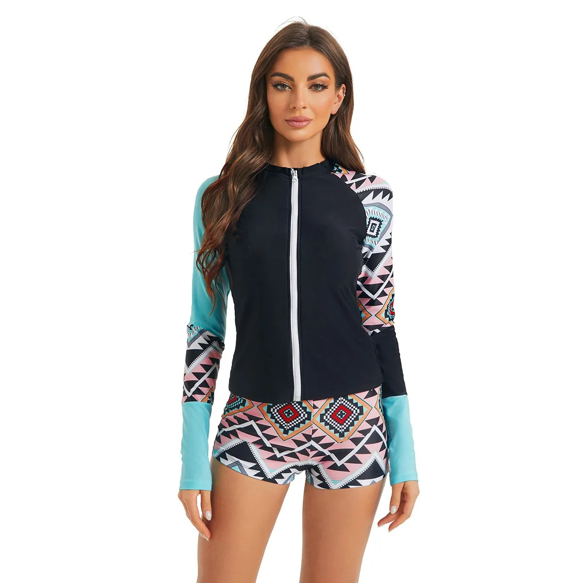 Woman Swimsuits Tankini With Shorts Tankini Top Long Sleeve Front Zipper Swim Tank Geometric Print Rash Guard Black Base