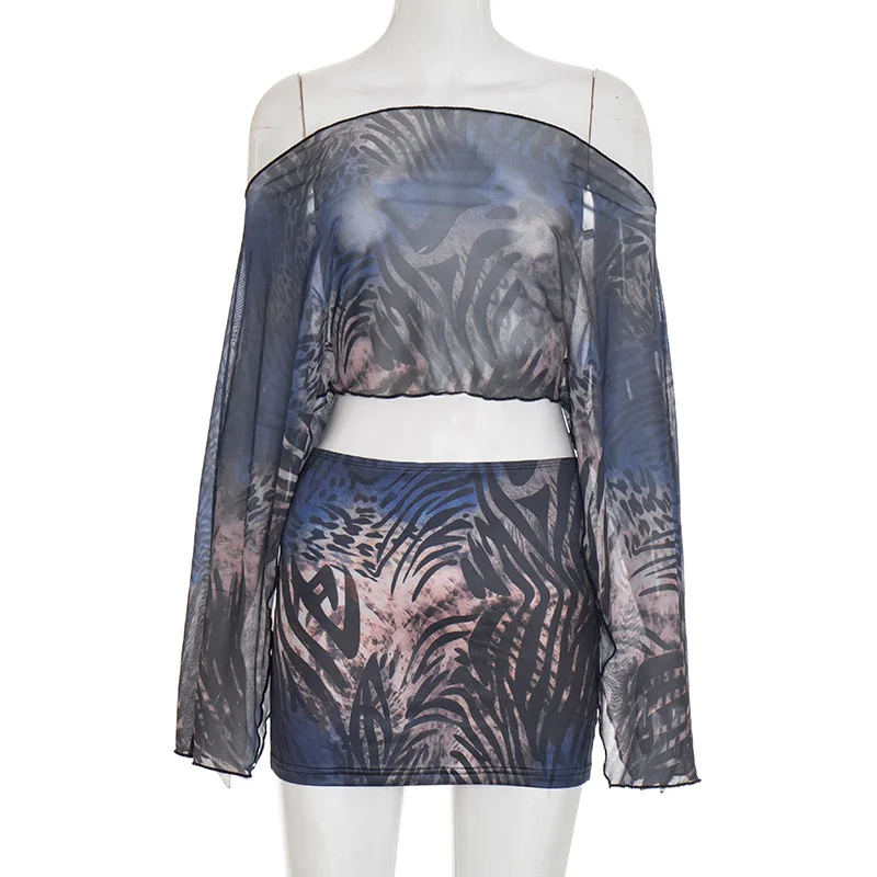 Doyerl Cheetah Print Sexy Outfits Women 2 Piece Set Club Wear Rave Slash Neck Flare Sleeve Crop Top and Mini Skirt Matching Sets