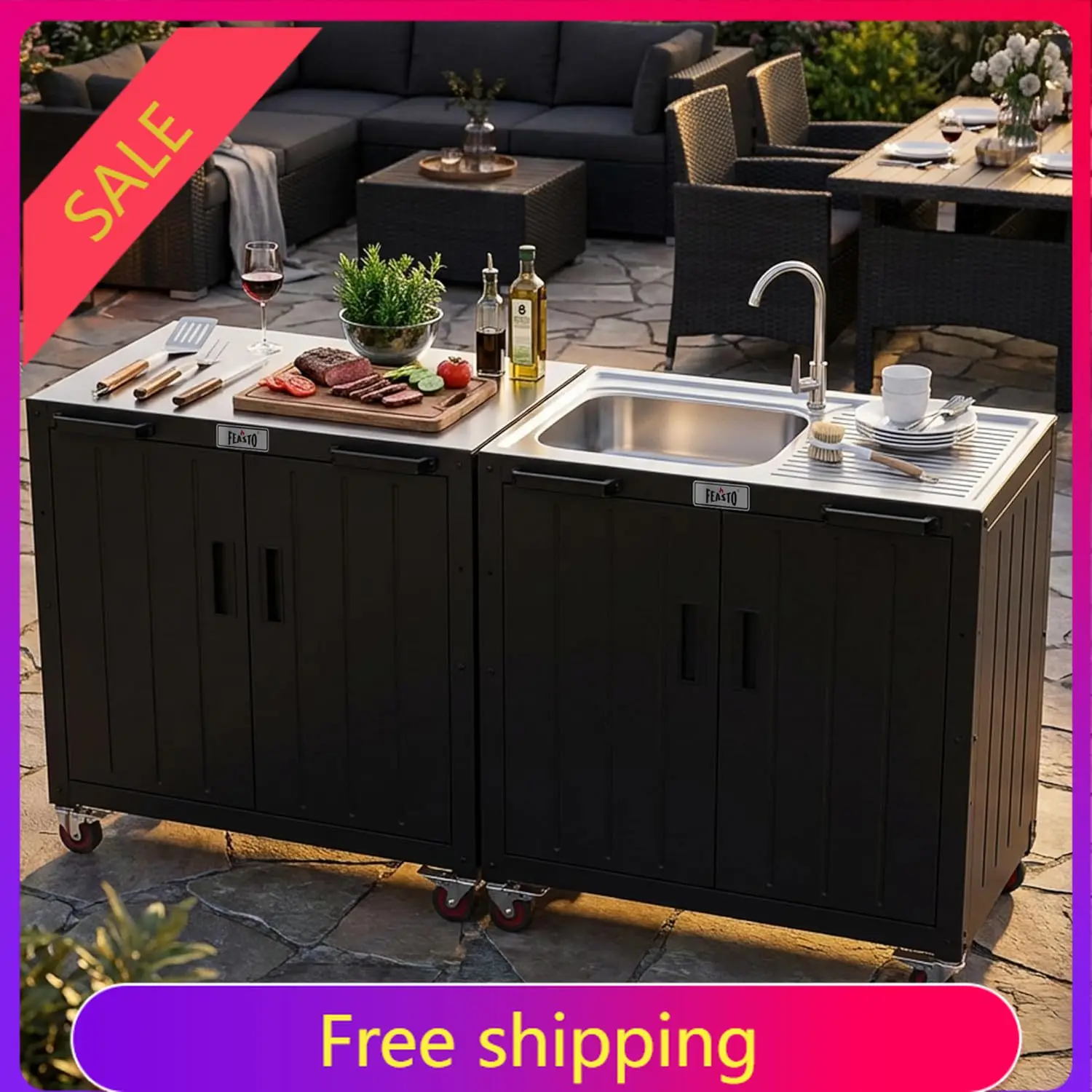 Outdoor Kitchen Island with Stainless Steel Sink and Storage Cabinet, 35-Inch BBQ Prep Station with Faucet & Lockable Wheels for