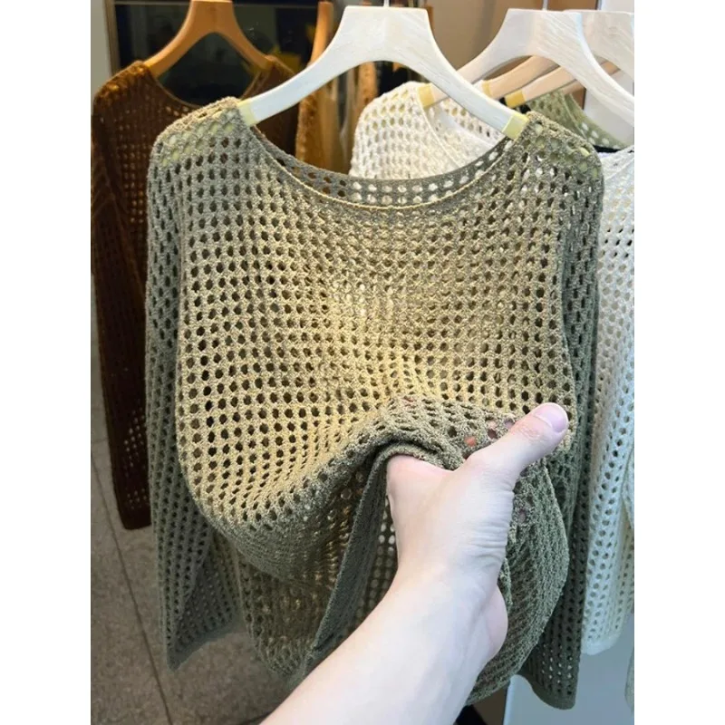 

Mesh Vintage Harajuku Long Sleeve Women Sweater Korean Spring Summer Knitwear Soft Thin Tops Chic Solid Femme Sweater