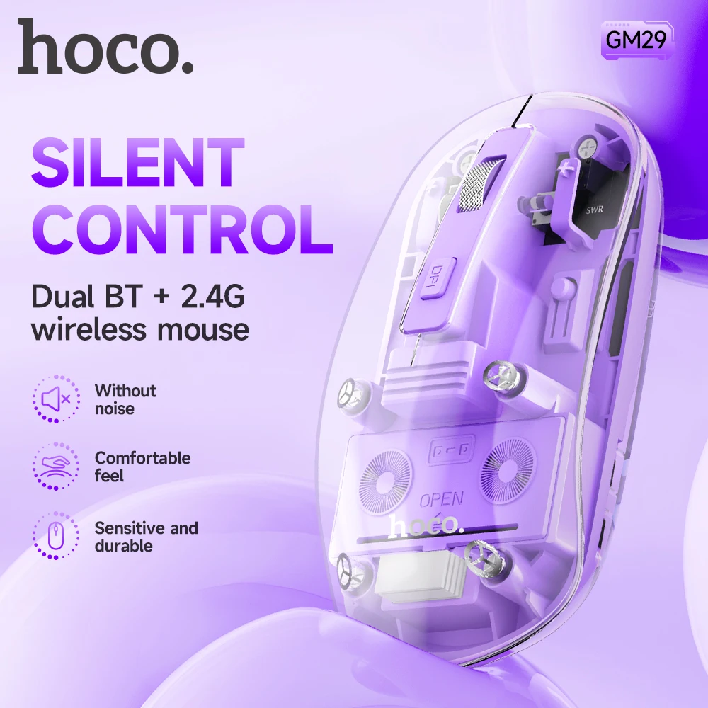 HOCO GM29  2.4G Krystal Dual-Mode Silent Wireless Mouse DPI 1600 3D Ergonomic Gaming Optical USB For Laptop Tablet Windows PC