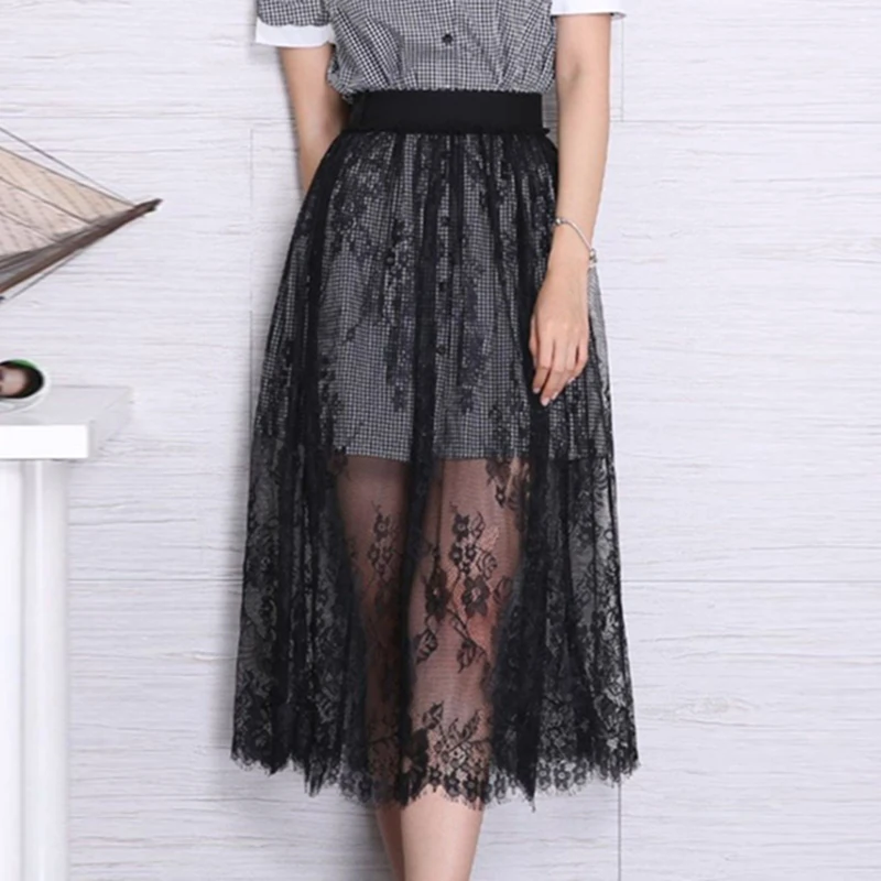 French Transparent Sexy Lace Mesh Skirt Elastic High Waist Tulle Women's Clothing Midi Skirt Korean All-match Solid Casual Black