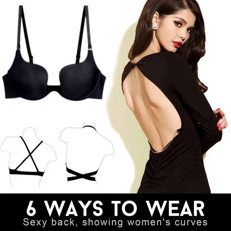 Women Low Cut Sexy Bra Ladies Push Up Bra Backless Invisible Halter Convertible Seamless Bra Deep U Plunge Shaped Bras