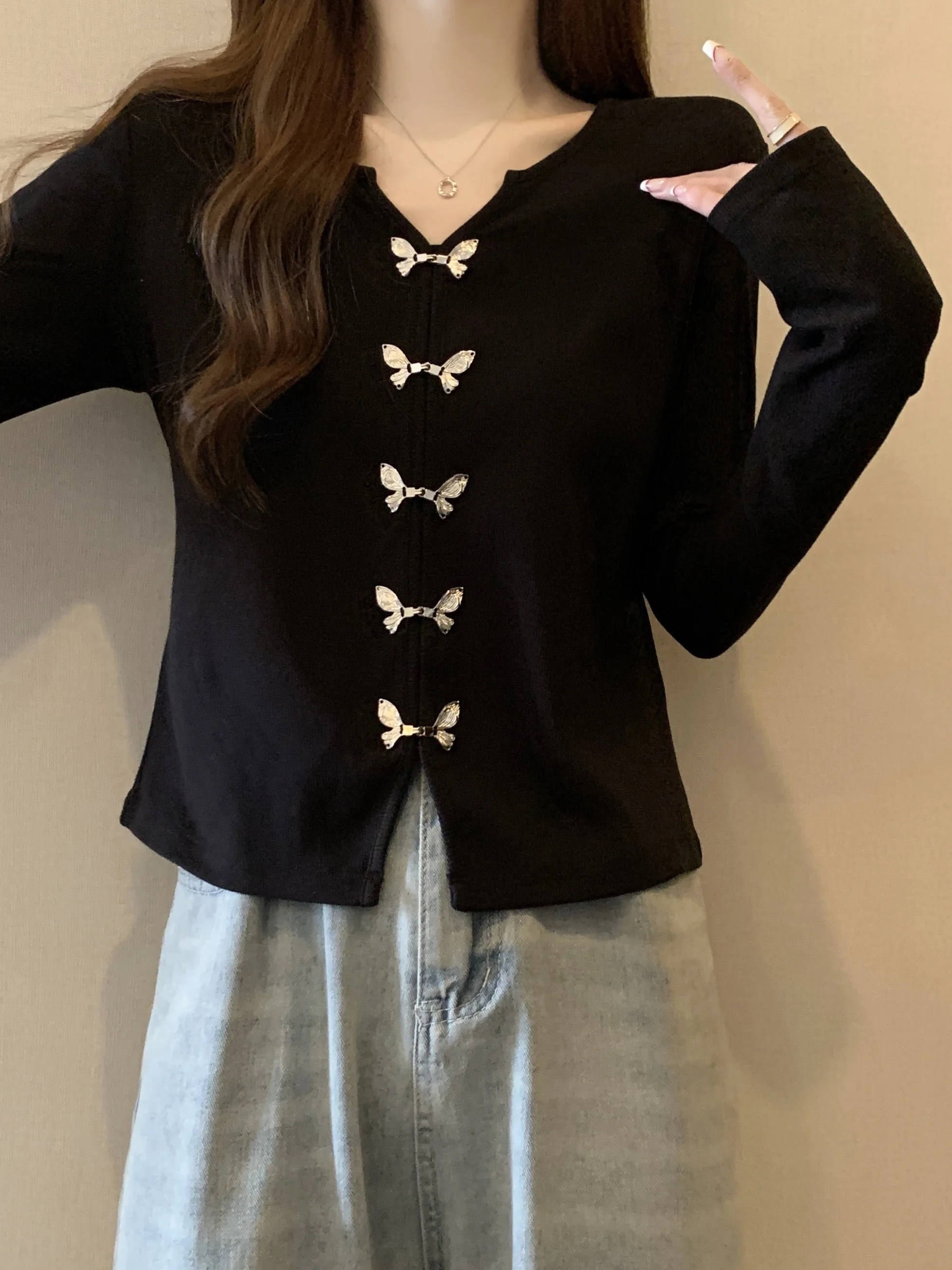 

Женский вязаный топ больших размеров с V-образным вырезом и узлом, с длинными рукавами, базовый слой, французский стиль, облегающий, с высокой талией, осенний