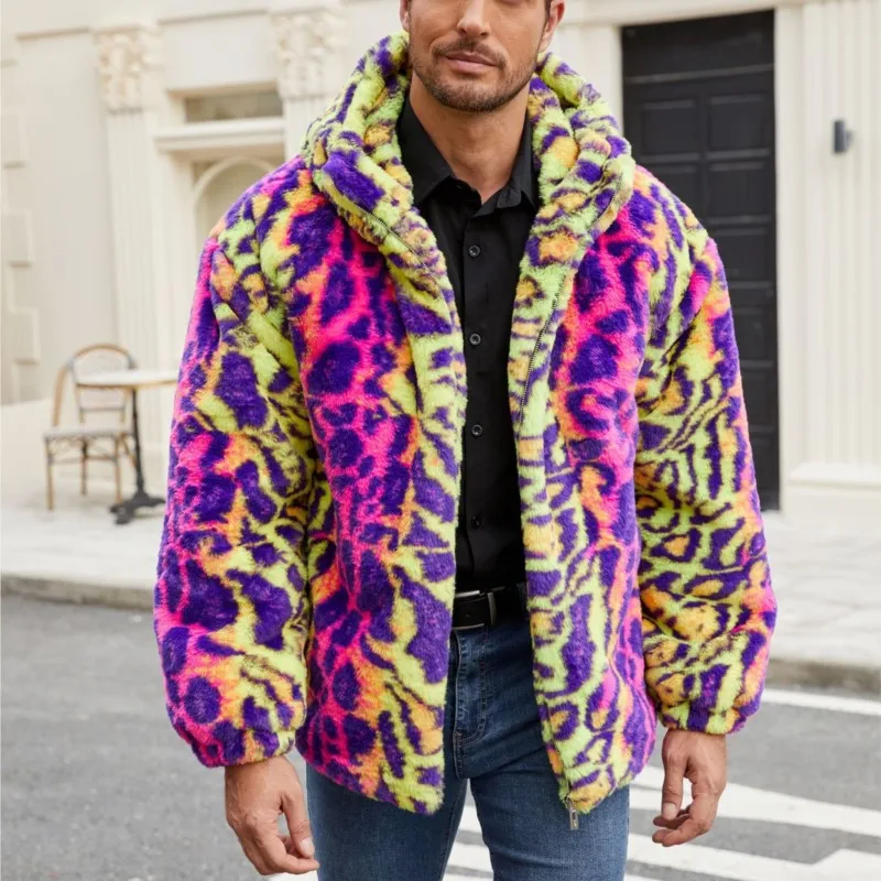 Giacca da uomo con cappuccio leopardata in pelliccia sintetica Top Capispalla Pelliccia Soffici addensare Cappotti Giacca 2025 Giacche invernali calde Cappotti Top retrò