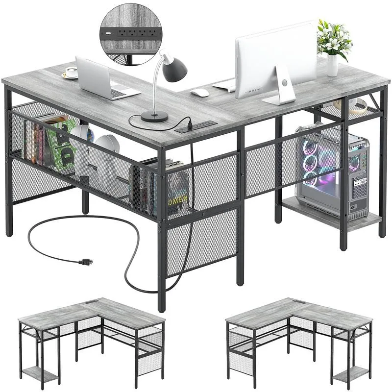 Reversible L Shaped Gaming Desk, Large Corner Computer Desk with Power Outlets and USB Ports, Sturdy Home Office Table with St