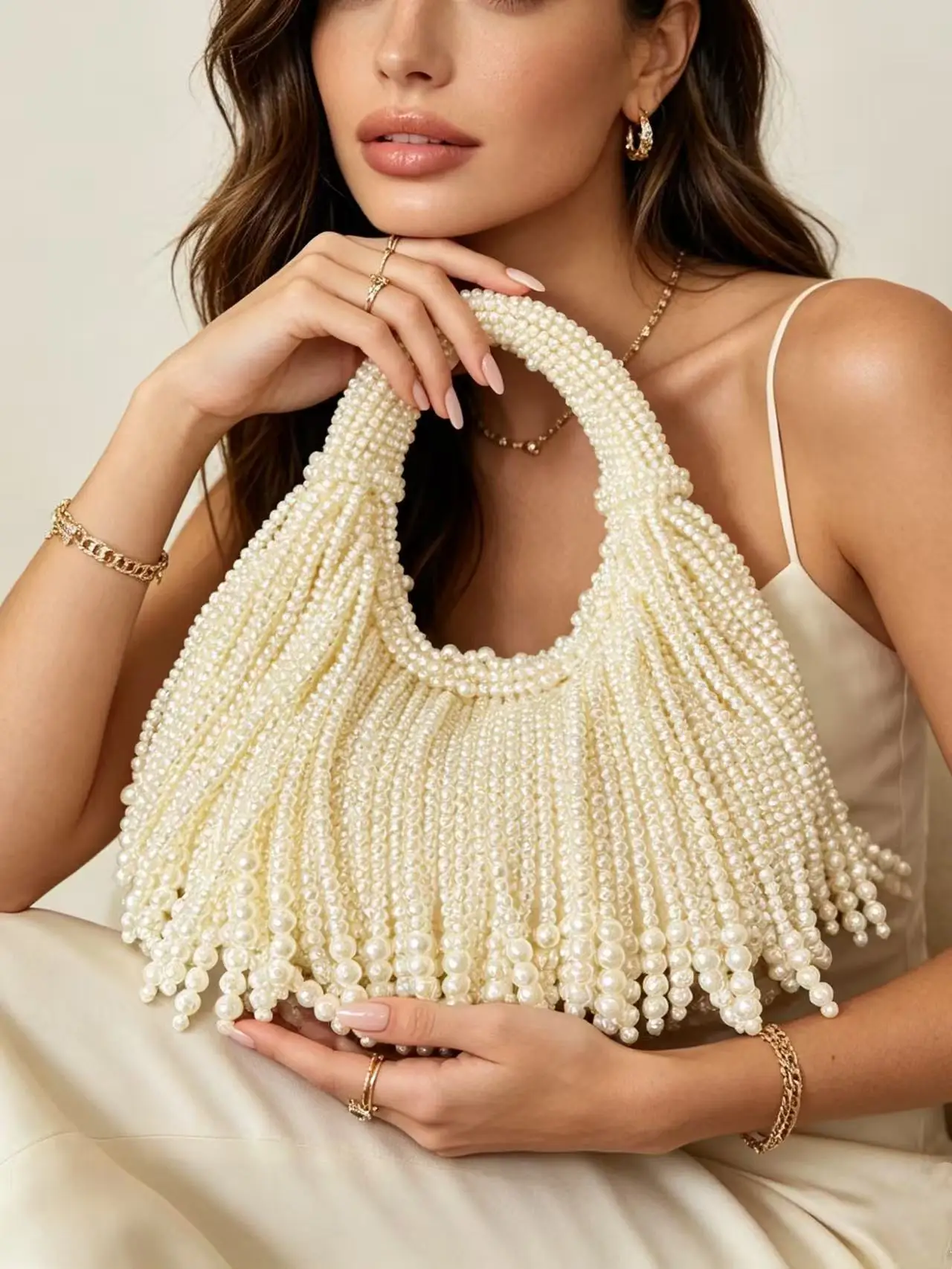 

Роскошный вечерний клатч ручной работы с искусственным жемчугом и бисером, винтажная сумка через плечо с бахромой, элегантная сумочка для вечеринок и свадеб для женщин