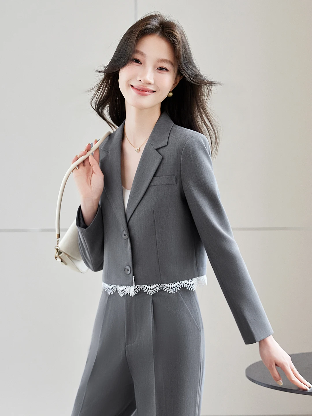 Elegant Professional Women's Suit Set Short Lace Trimmed Waist-Cinching Career Wear Comfortable Polyester Fiber Long Sleeve