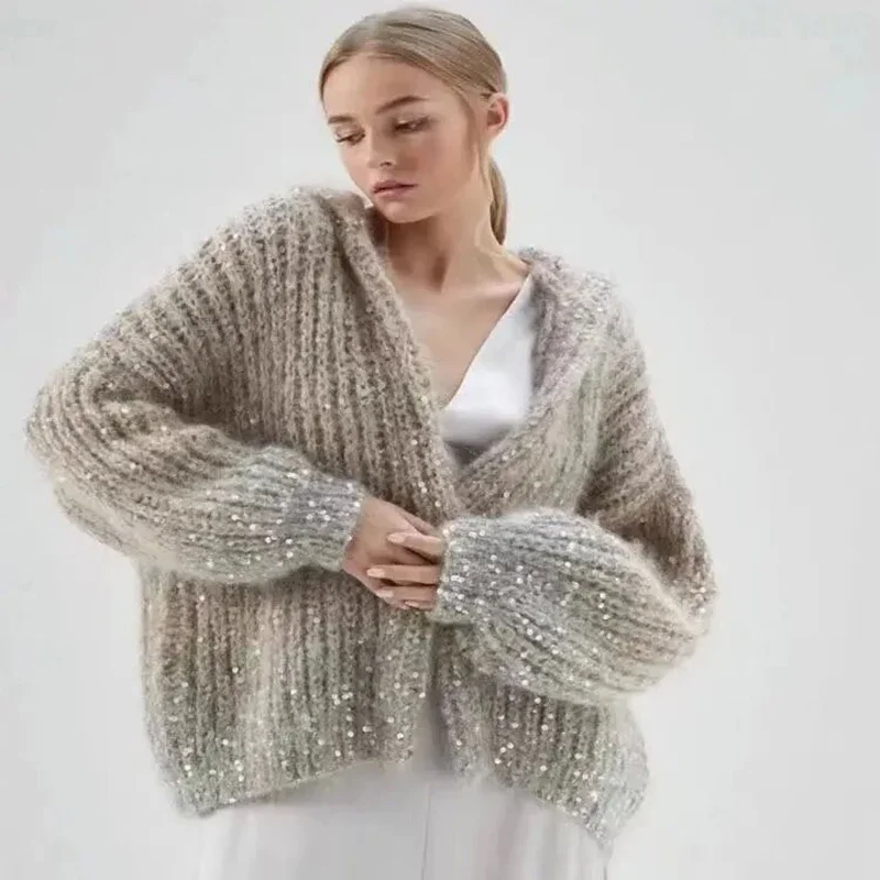 Kardigan z kapturem, dzianinowy, luźny, z przeszyciami, z cekinami, w stylu Maillard, na wiosnę i jesień, damska, zimowa, gruby, ciepły sweter/płaszcz.