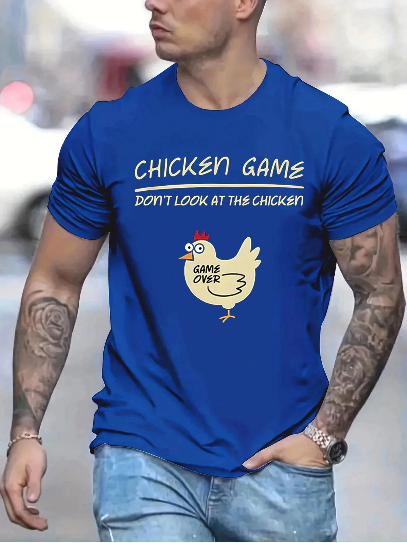 Men's 100% pure cotton fashionable casual loose sports fun chicken game pattern printed round neck short sleeved T-shirt top