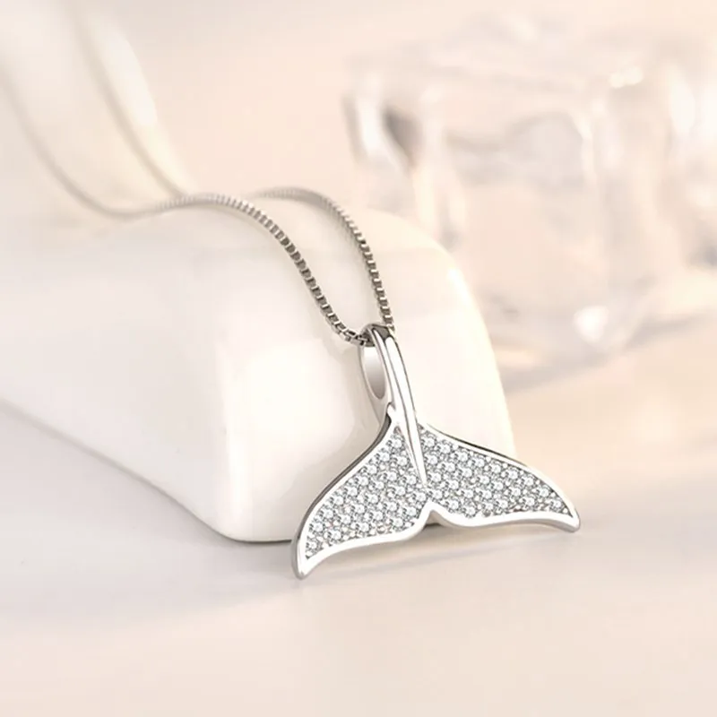 Mermaid Tail Fish White Fishtail Crystal 925 Sterling Silver Clavicle Chain Pendant Necklaces  XL273