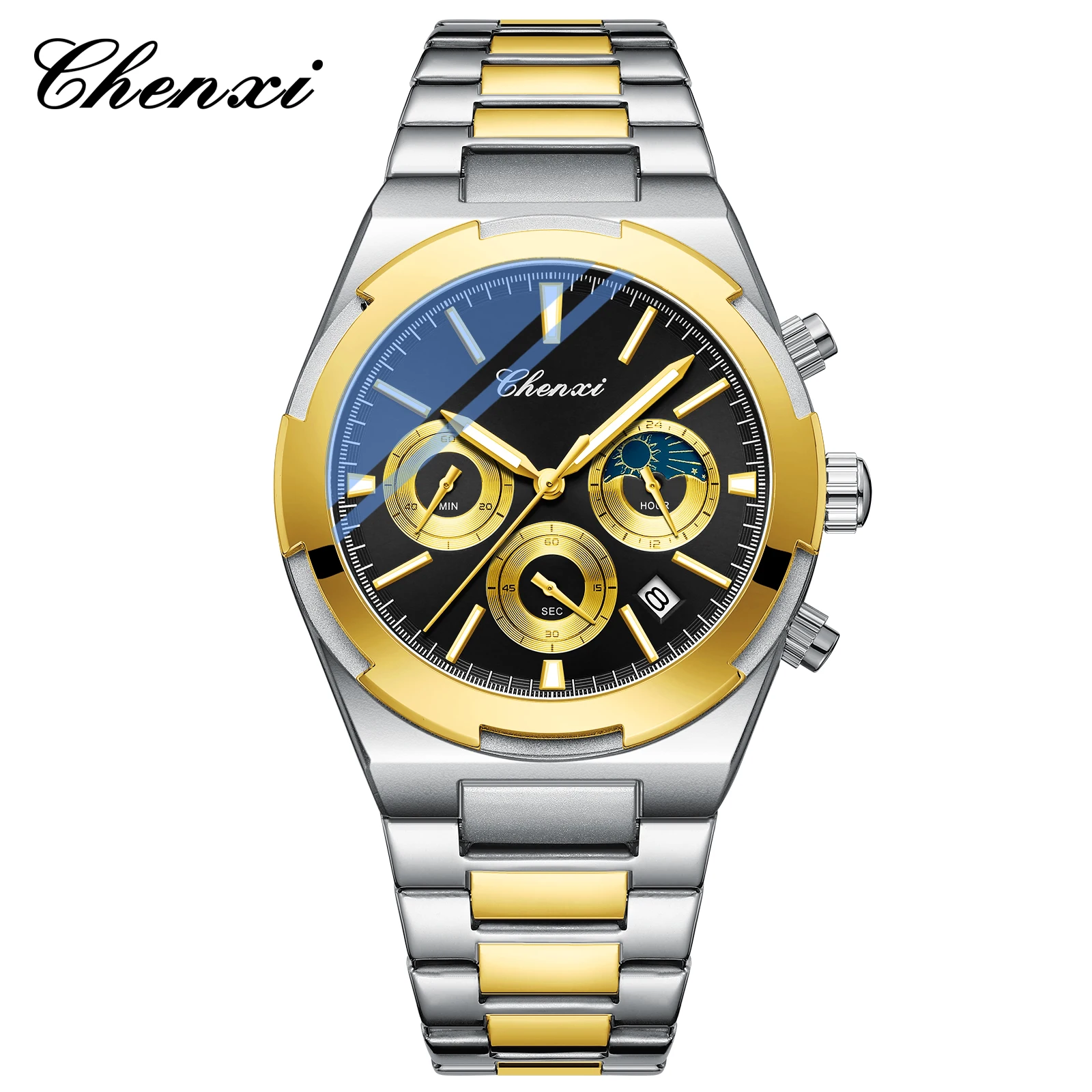 Luxury Men's Business Watches Stainless Steel Calendar Chronograph Fashion Sports Quartz Watch CHENXI Man Gold Wristwatch