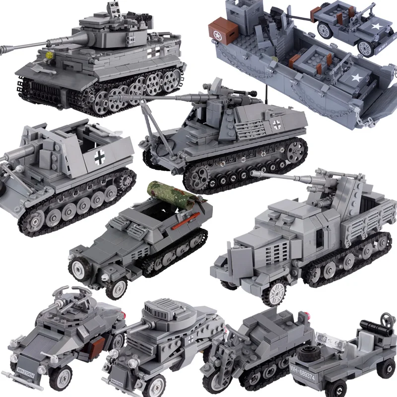 MOC Toys Weapons WW1 WW2 Vehicle Tank Model Building Blocks German US Soldier Panzers Anti-tank Gun Mini Bricks Army Toys Kids